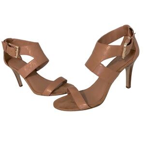 Nine West Tan strappy heeled sandals with wooden style heel, size 9 1/2